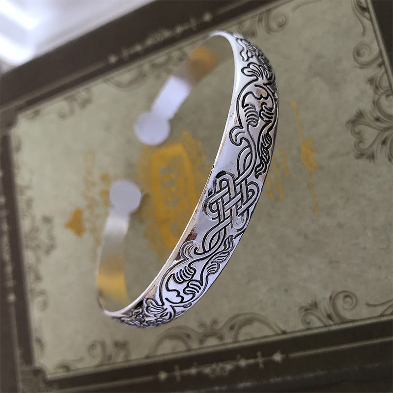 Wholesale Vintage elephant carved open women's dragon and phoenix bracelet ethnic style Tibetan silver bracelet Miao silver bracelet